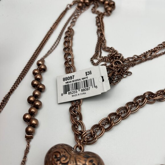 VTG Cookie Lee Multi-Layered Copper Heart Pendant Necklace‎ With Beads & Chains - Picture 3 of 5